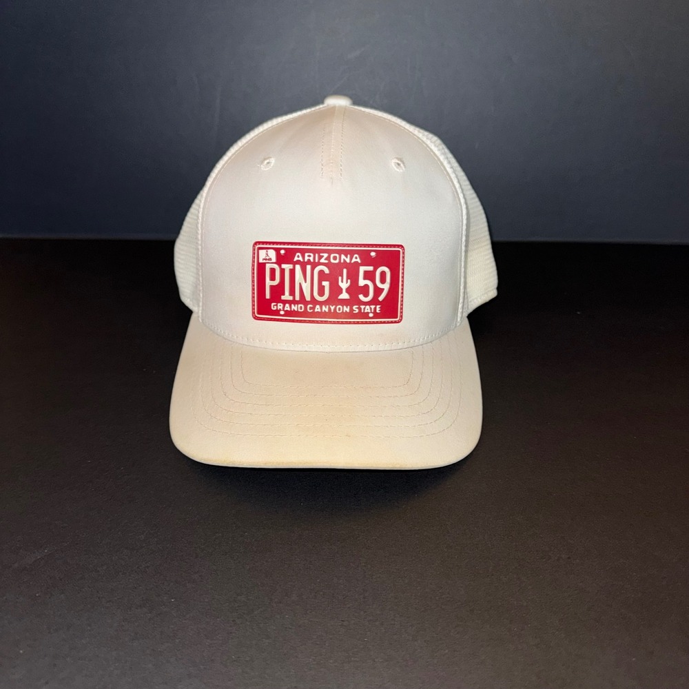 Mens OS PING Trucker Hat White Good Arizona License Plate Flexfit Snapback Cap